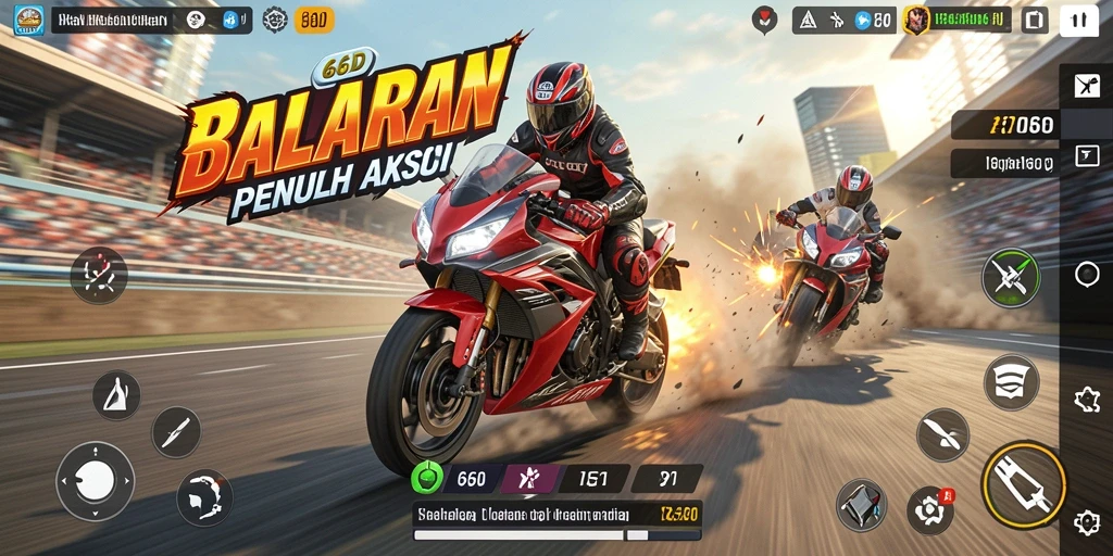 Gameplay balapan motor yang mendebarkan dan menggembirakan.