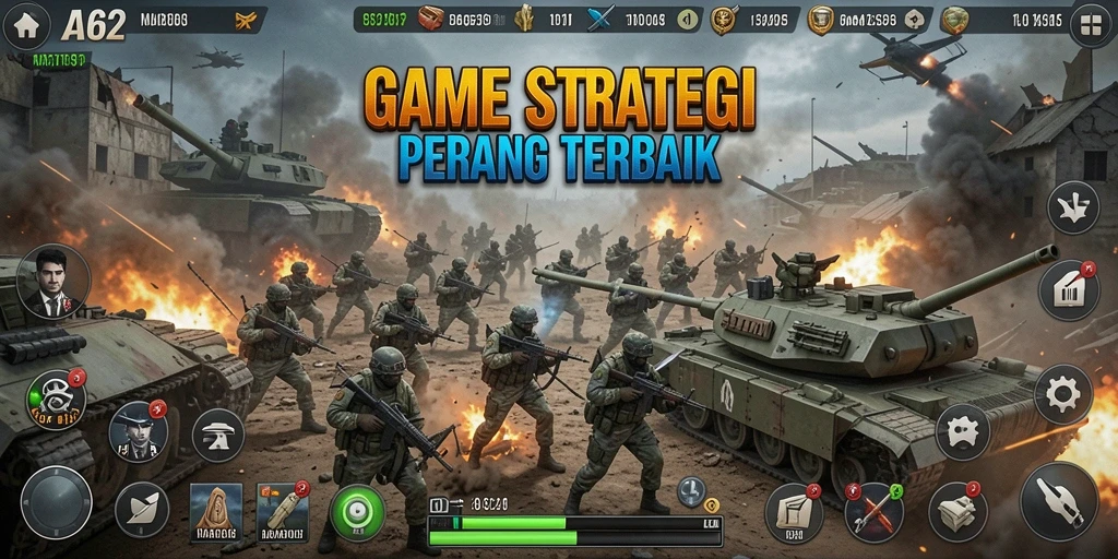 Screenshot gameplay AA62 menampilkan pertempuran epik dalam game SLG.