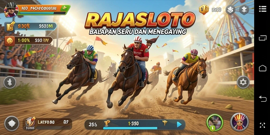Gameplay balapan seru dari RAJASLOTO dengan mobil kustomisasi.